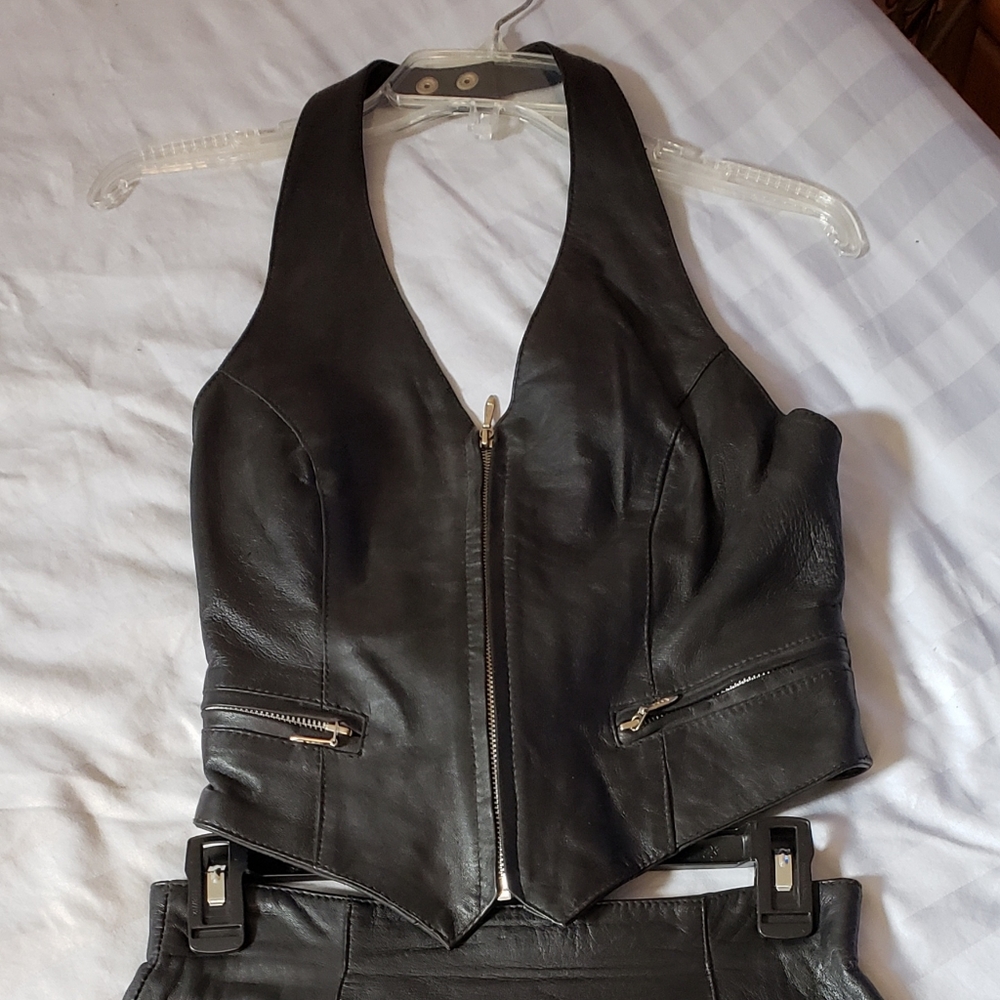 Wilsons Leather Black Leather Halter Vest & Skirt Set